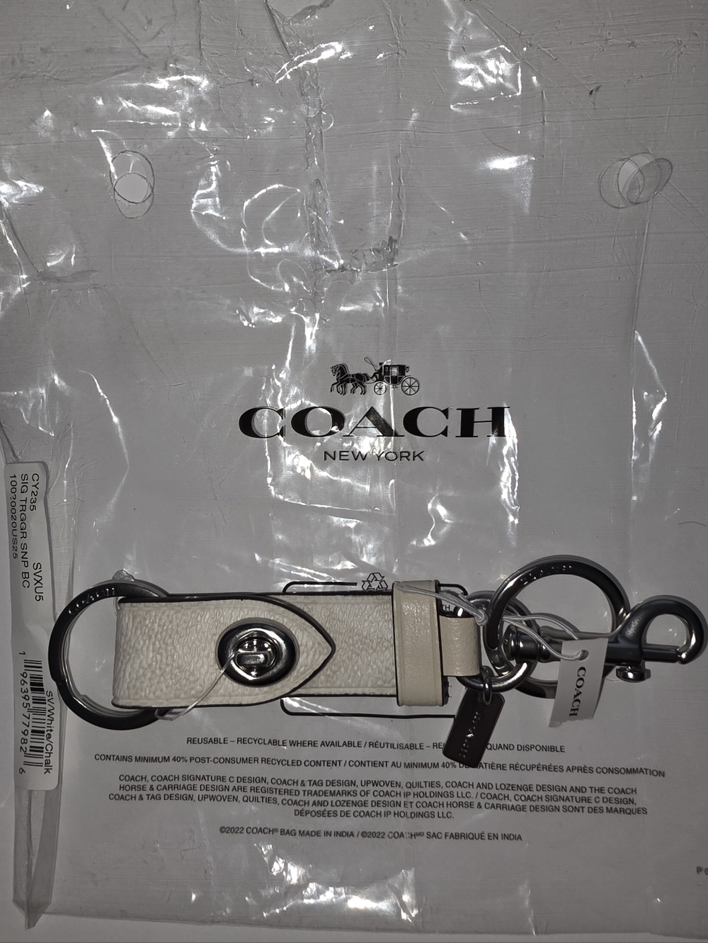 NWT Coach Trigger Snap Bag Charm / Keychain In Chalk Leather Silver Hardware - Picture 2 of 11